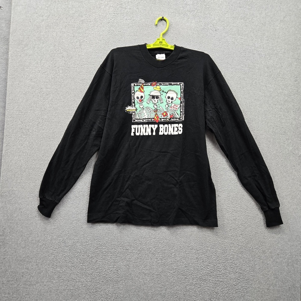 VINTAGE Funny Bones Men Shirt L Black Skeleton Graphic Single Stitch Made in USA